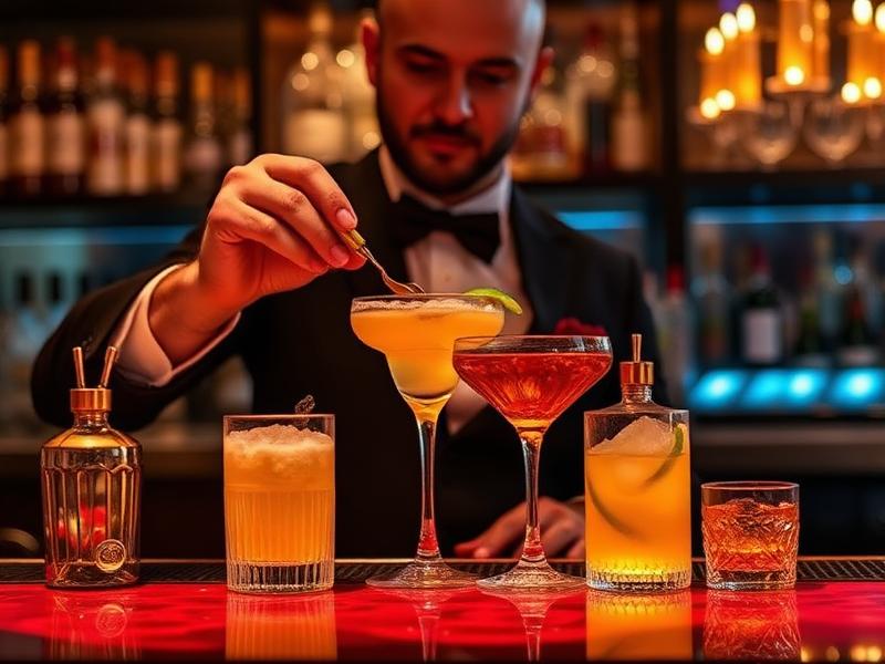 Bartender especialista preparando coquetéis e drinks premium para festas e eventos especiais